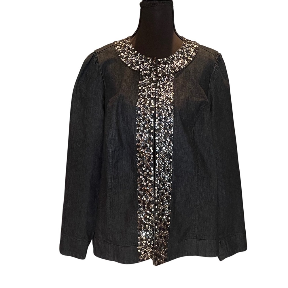 Dressbarn Womens‎ 14/16 Dark Wash Sequin Embellished Denim Jacket Y2K Glam